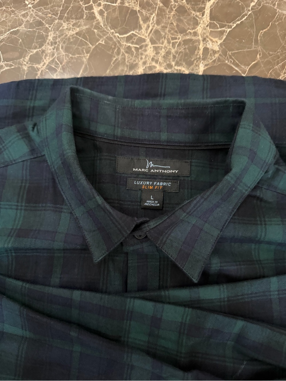 Marc Anthony Men's Dark Green and Navy Plaid Button-Down Shirt